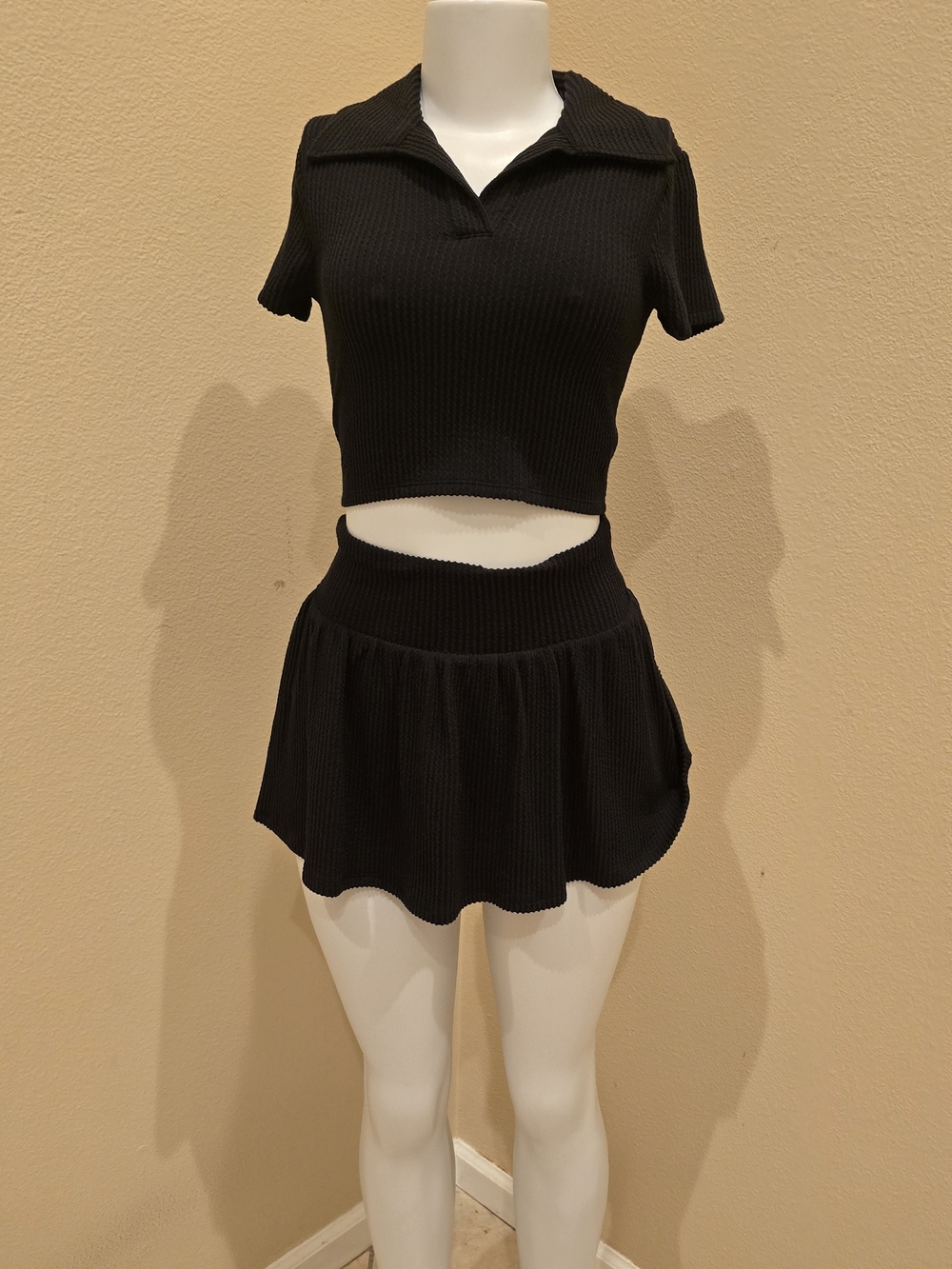 Black Ribbed Knit Circle Skirt Set with Polo Crop Top